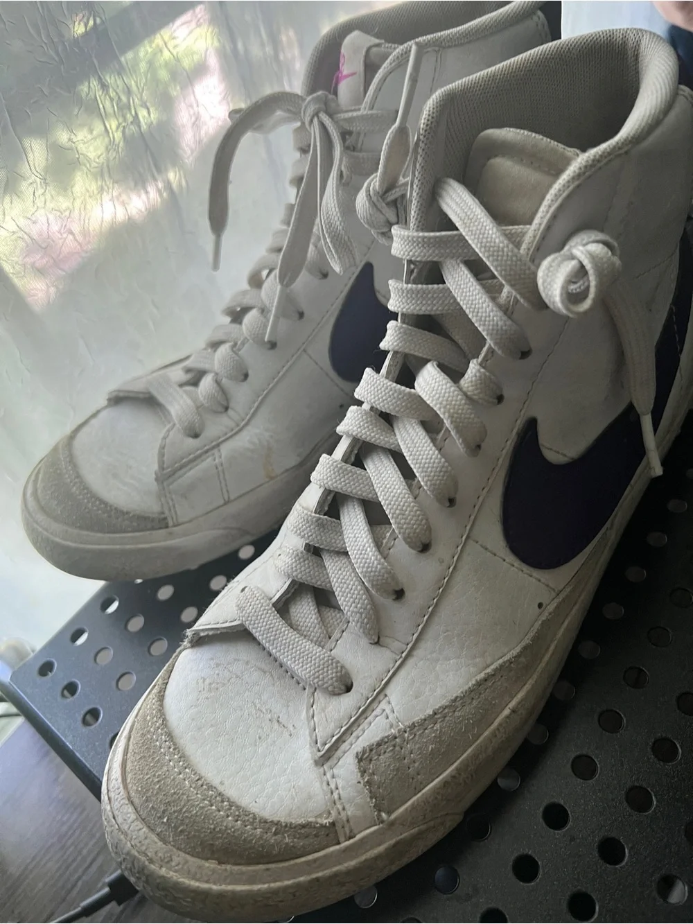 Nike Women's White High-Top Sneakers with Purple Swoosh and Pink Nike Script